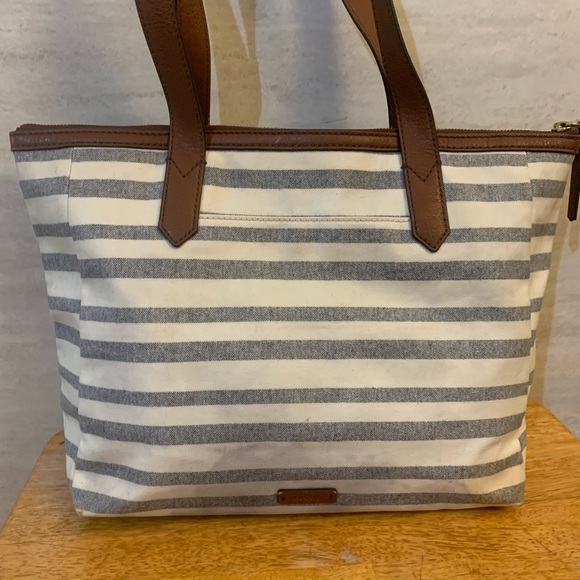Fossil Blue Stripes and Brown Canvas large Tote Bag with Leather Straps - Picture 1 of 9
